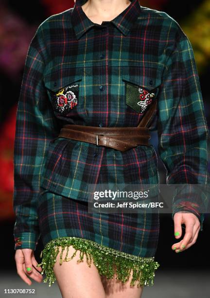 Model, detail, walks the runway at the Roberta Einer show during London Fashion Week February 2019 at the BFC Show Space on February 19, 2019 in...