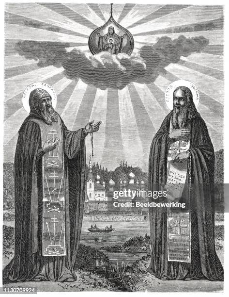 illustrations, cliparts, dessins animés et icônes de sozimus et les saints savatius de solowetskillustration 1873 'la terre et son peuple' - orthodox