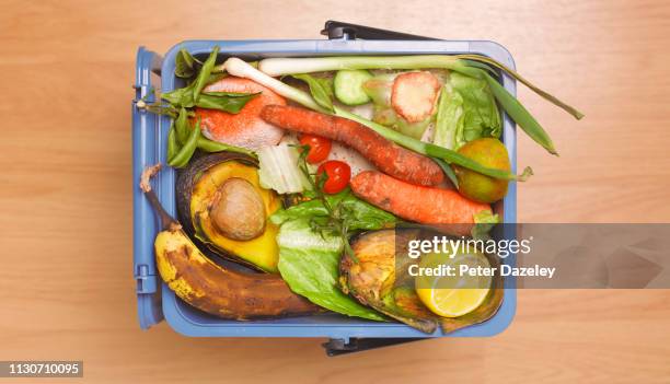 rotten food in food bin - fruit decay stockfoto's en -beelden