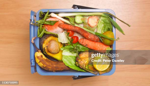 rotten food in food bin - wasting money stock pictures, royalty-free photos & images