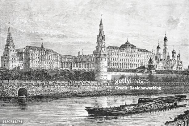 kremlin over the moscva river illustration 1873 'the earth and her people' - kremlin stock illustrations