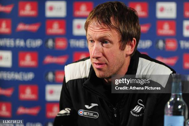 Graham Potter Manager of Swansea City speaks during the Swansea City Press Conference at The Fairwood Training Ground on March 15, 2019 in Swansea,...