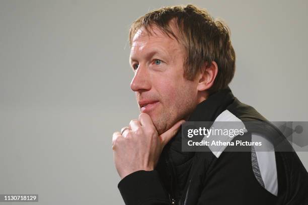 Graham Potter Manager of Swansea City speaks during the Swansea City Press Conference at The Fairwood Training Ground on March 15, 2019 in Swansea,...