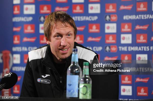 Graham Potter Manager of Swansea City speaks during the Swansea City Press Conference at The Fairwood Training Ground on March 15, 2019 in Swansea,...