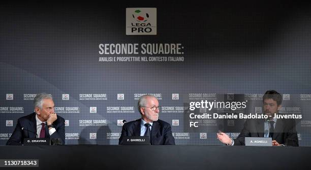 Gabriele Gravina, Francesco Ghirelli and Andrea Agnelli during the Seminar on Second teams at Allianz Stadium on March 15, 2019 in Turin, Italy.