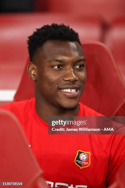 Loic Badiashile of Stade Rennais during the UEFA Europa League Round of 16 Second Leg match between Arsenal and Stade Rennais at Emirates Stadium on...