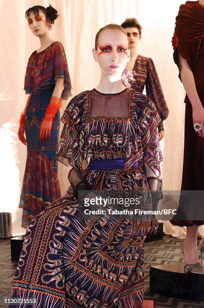 Model poses at the Zandra Rhodes Presentation during London Fashion Week February 2019 on February 19, 2019 in London, England.