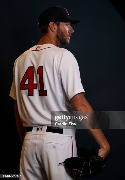 Chris Sale of the Boston Red Sox poses for a portrait during Boston Red Sox Photo Day at JetBlue Park at Fenway South on February 19, 2019 in Fort...