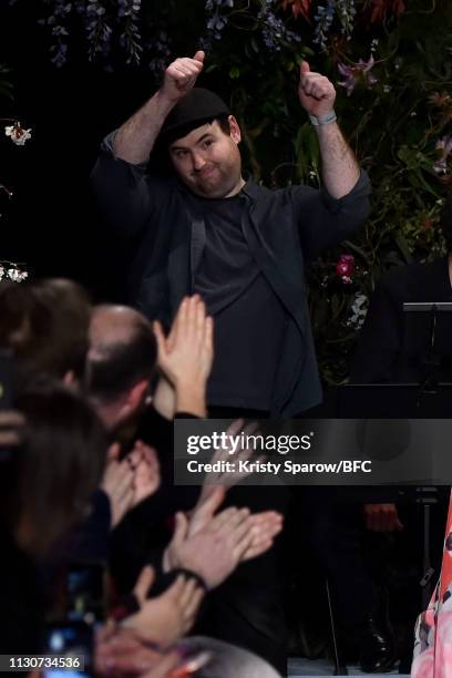 Designer Richard Quinn walks the runway at the Richard Quinn show during London Fashion Week February 2019 at Ambika P3 on February 19, 2019 in...