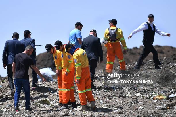 Israeli search and rescue international team ZAKA members, headed by Rabbi Yehuda Meshi Zahav , arrive on March 15 at the crash site of the Ethiopian...