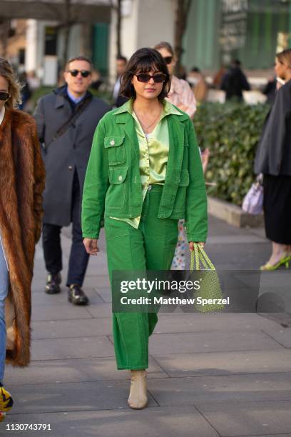 Maria Bernad is seen on the street during London Fashion Week February 2019 wearing Shrimps on February 19, 2019 in London, England.