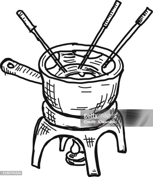 sketchy fondue pot with forks - cheese fondue stock illustrations