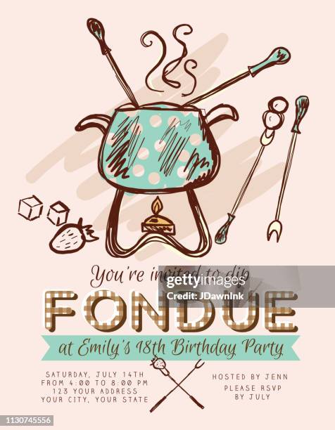 ilustrações, clipart, desenhos animados e ícones de molde do projeto do convite do partido do fondue - fondue