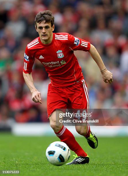 Jack Robinson of Liverpool in action during the Barclays Premier League match between Liverpool and Birmingham City at Anfield on April 23, 2011 in...