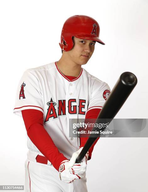 Shohei Ohtani of Japan poses for a portrait during Los Angeles Angels of Anaheim photo day on February 19, 2019 in Tempe, Arizona.