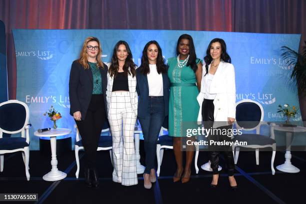 Amber Tamblyn, Olivia Munn, Melissa Fumero, Kim Foxx, and Lisa Ling pose onstage during Raising Our Voices: Supporting More Women in Hollywood &...