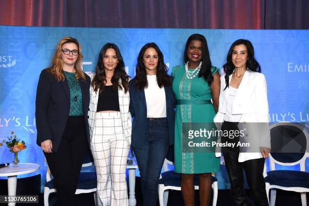 Amber Tamblyn, Olivia Munn, Melissa Fumero, Kim Foxx, and Lisa Ling pose onstage during Raising Our Voices: Supporting More Women in Hollywood &...