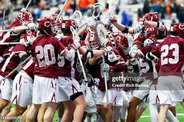 Colgate Raiders players celebrate following the game against the Syracuse Orange at the Carrier Dome on February 8, 2019 in Syracuse, New York....