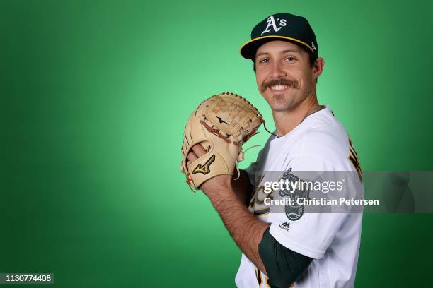 Pitcher Daniel Mengden of the Oakland Athletics poses for a portrait during photo day at HoHoKam Stadium on February 19, 2019 in Mesa, Arizona.