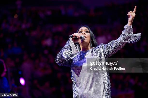 Sheila E. Performs at halftime during the game between the Minnesota Timberwolves and the Houston Rockets on February 13, 2019 at the Target Center...