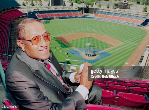 Pitcher Don Newcombe poses for a portrait at Dodger Stadium on July 9, 1999 in Los Angeles California.