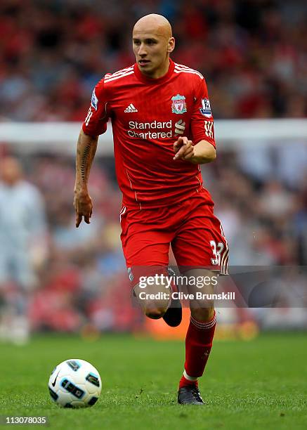 Jonjo Shelvey of Liverpool in action during the Barclays Premier League match between Liverpool and Birmingham City at Anfield on April 23, 2011 in...