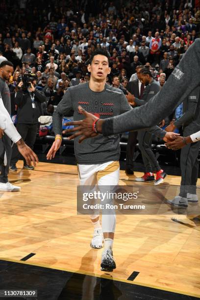 Jeremy Lin of the Toronto Raptors is introduced prior to the game against the Los Angeles Lakers on March 14, 2019 at the Scotiabank Arena in...