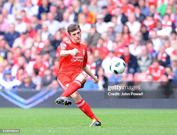 Jack Robinson of Liverpool in action during the Barclays Premier League match between Liverpool and Birmingham City at Anfield on April 23, 2011 in...