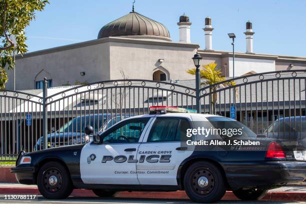 Following the massacre on two mosques in Christchurch, New Zealand, a Garden Grove Police Cruiser is parked for added security presence outside The...