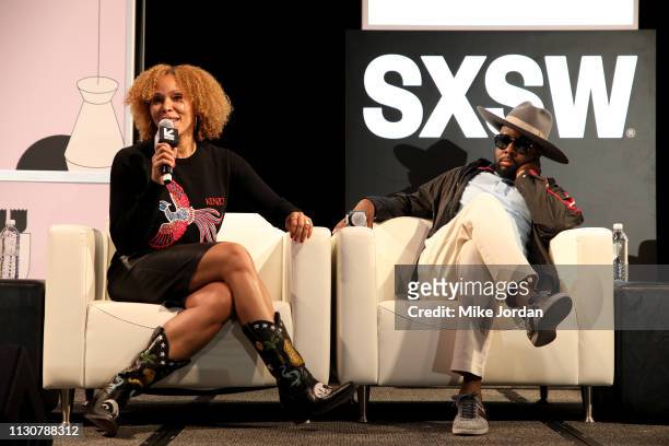 Madeline Nelson and Wyclef Jean speak onstage at Featured Session: Wyclef Goes Back to School: The Making during the 2019 SXSW Conference and...