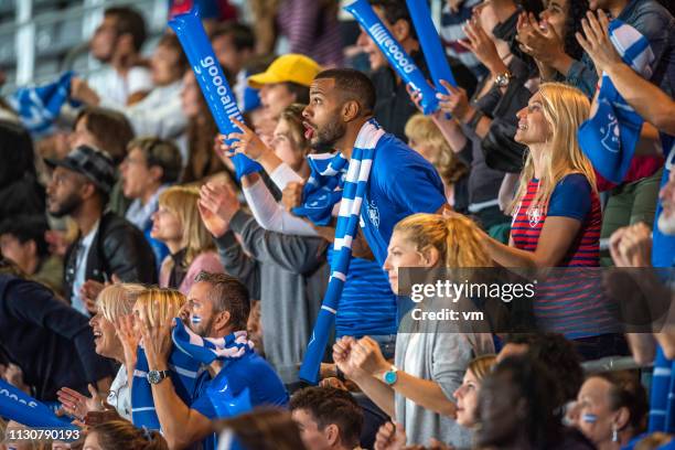 fans in blue jerseys watching a match in shock - football crowd stock pictures, royalty-free photos & images