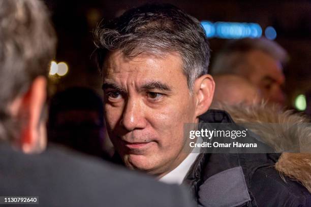 Olivier Faure, First Secretary of the French Socialist Party, attends an anti-semitism rally in La Place de la Republique on February 19, 2019 in...