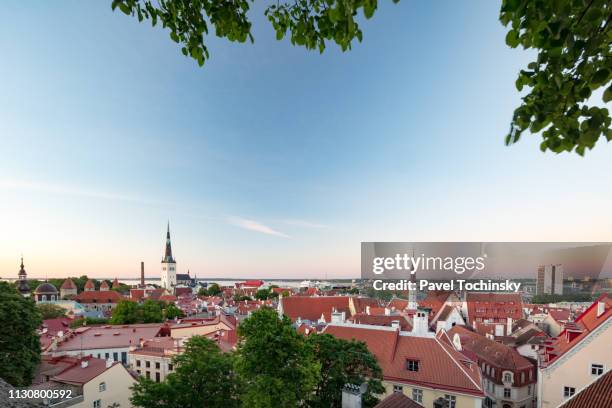 tallinn's old town with st olaf's church's spire towering above it, estonia - town wall tallinn stock pictures, royalty-free photos & images