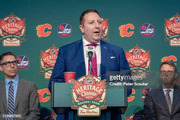 Tim Reid of the Regina Exhibition Association Limited speaks during the 2019 Heritage Classic press conference at Mosaic Stadium on March 15, 2019 in...