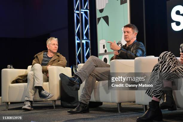 Tony McCall and Andy Mooney speak onstage at Featured Session: Guitars and More: Creating New Sounds with Tech during the 2019 SXSW Conference and...