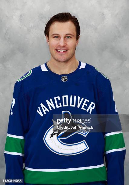 Luke Schenn of the Vancouver Canucks poses for his official headshot for the 2018-2019 season on March 15, 2019 at Rogers Arena in Vancouver, British...
