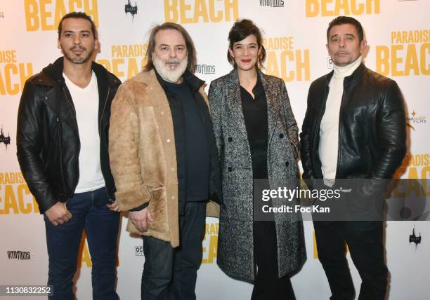 Tewfik Jallab, Director Xavier Durringer, Melanie Doutey and Kool Shen attend "Paradise Beach" Premiere at MK2 Bibliotheque on February 19, 2019 in...