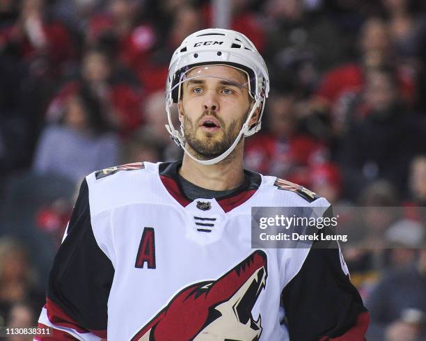 Niklas Hjalmarsson of the Arizona Coyotes in action against the Calgary Flames during an NHL game at Scotiabank Saddledome on February 18, 2019 in...