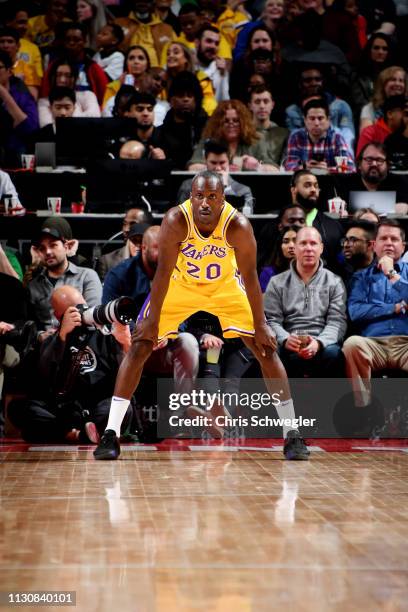 Andre Ingram of the Los Angeles Lakers looks on against the Detroit Pistons on March 15, 2019 at Little Caesars Arena in Detroit, Michigan. NOTE TO...