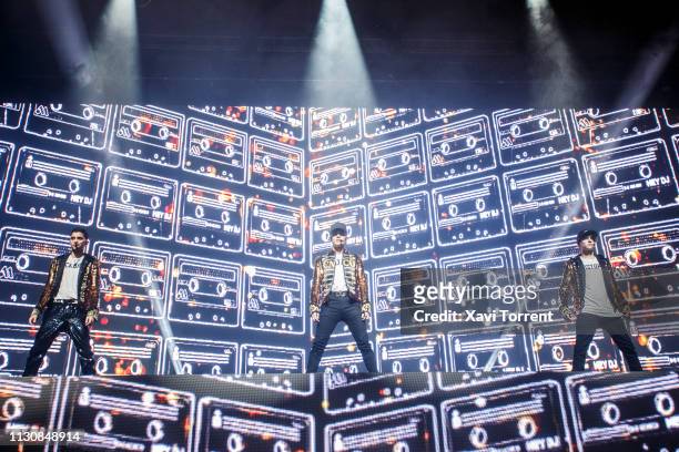 Erick Brian Colon, Joel Pimentel and Christopher Velez of CNCO perform in concert at Sant Jordi Club on March 15, 2019 in Barcelona, Spain.
