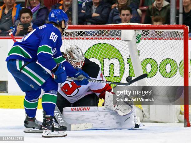 Markus Granlund of the Vancouver Canucks takes a shot on Damon Severson of the New Jersey Devils during their NHL game at Rogers Arena March 15, 2019...