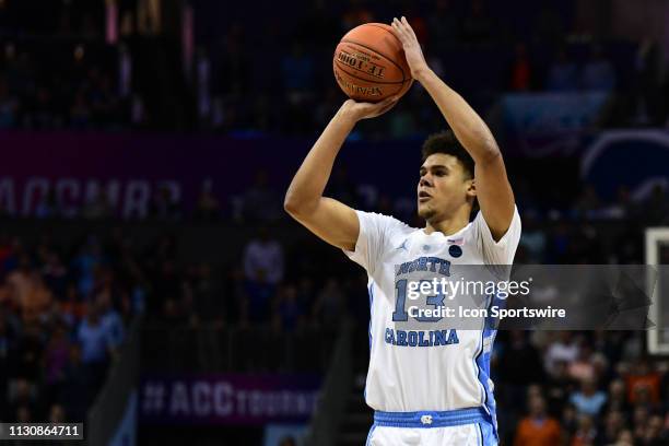 North Carolina Tar Heels guard Cameron Johnson shoots an open three point shot during the ACC basketball tournament between the Duke Blue Devils and...