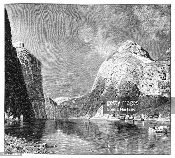 sognefjord, norway | norway's longest and deepest fjord - norway geirangerfjord stock illustrations