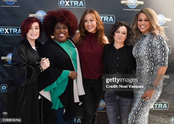 Sharon Osbourne, Sheryl Underwood, Carrie Ann Inaba, Sara Gilbert and Eve visit "Extra" at Universal Studios Hollywood on February 19, 2019 in...