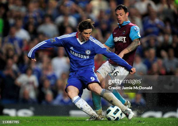 Fernando Torres of Chelsea scores his team's second goal and the first of his Chelsea career during the Barclays Premier League match between Chelsea...