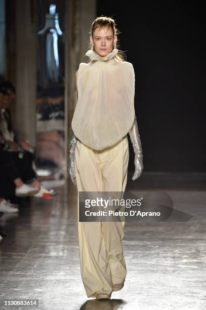Model walks the runway at the Alberto Zambelli show at Milan Fashion Week Autumn/Winter 2019/20 on February 20, 2019 in Milan, Italy.