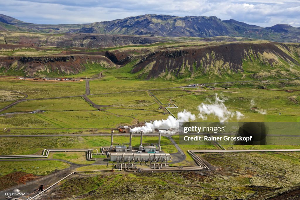 Geothermal power plant in a valley in Iceland