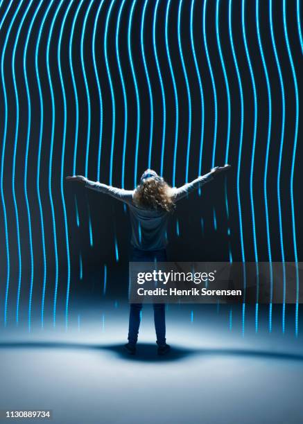 young woman with light trace - communication wireless technology students stock pictures, royalty-free photos & images