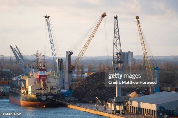 Scrap metal is loaded on to the Strategic Vision ship of Singapore at the Port of Southampton on February 10, 2019 in Southampton, England. The Port...