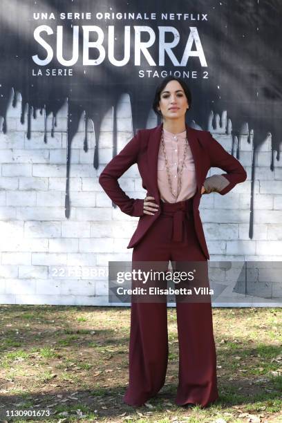 Cristina Pelliccia attends a photocall for Netflix "Suburra" The Series, season 2 at Casa del Cinema on February 20, 2019 in Rome, Italy.